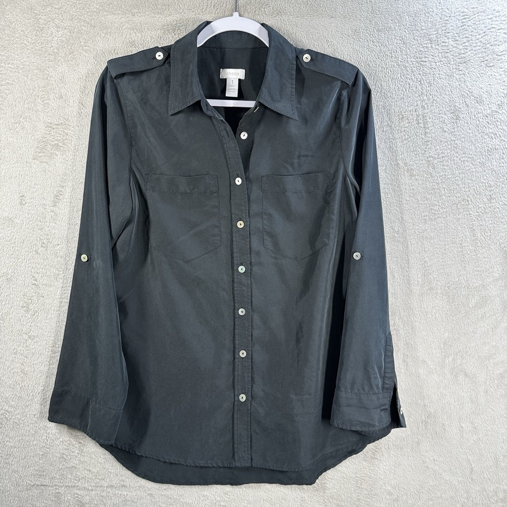 Chico's Modal Blend Blouse Sz M (1) Black Button Front Shirt Relaxed Fit